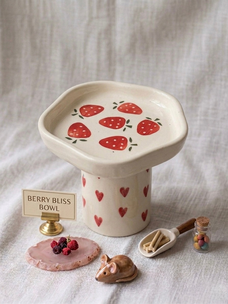 Berry Bliss Bowl, hand-painted strawberries on an elevated ceramic cat bowl