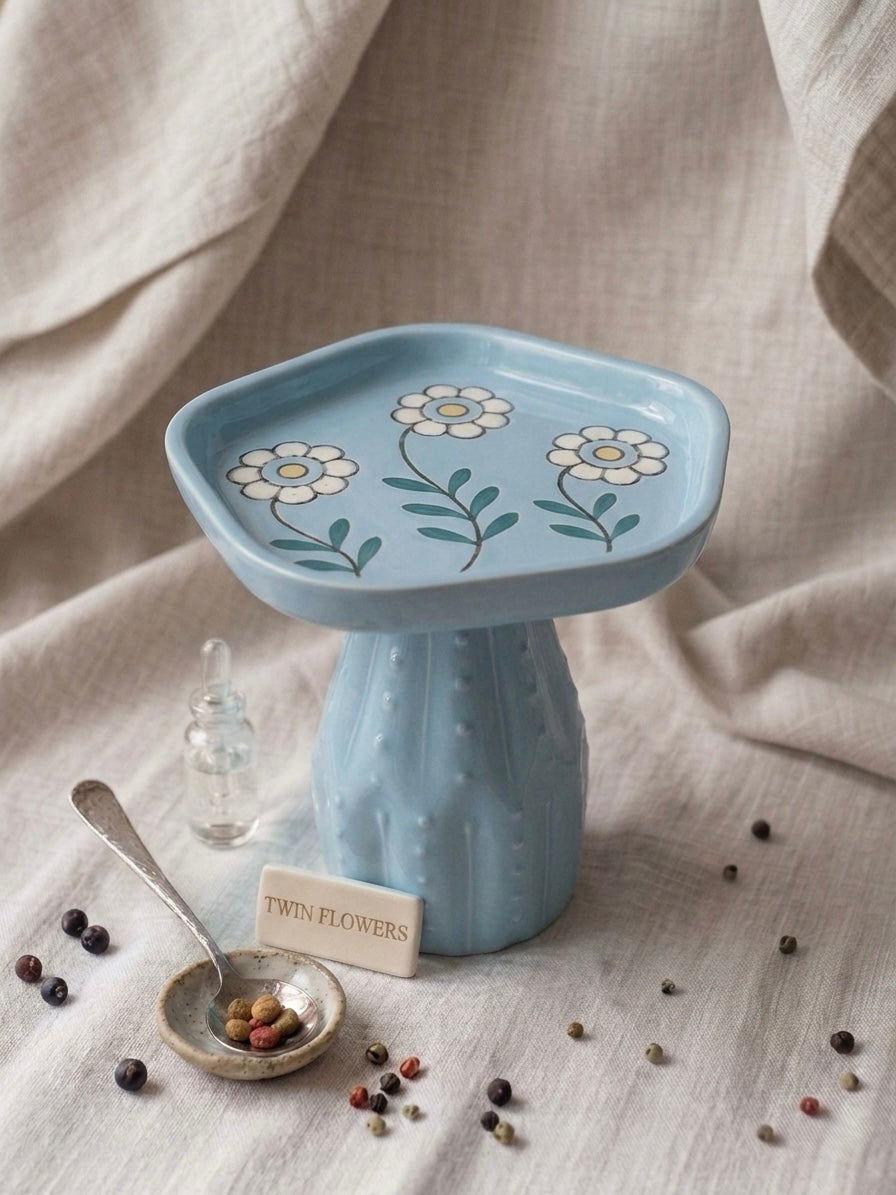 Twin Flowers Bowls pair — pink and blue colorways together