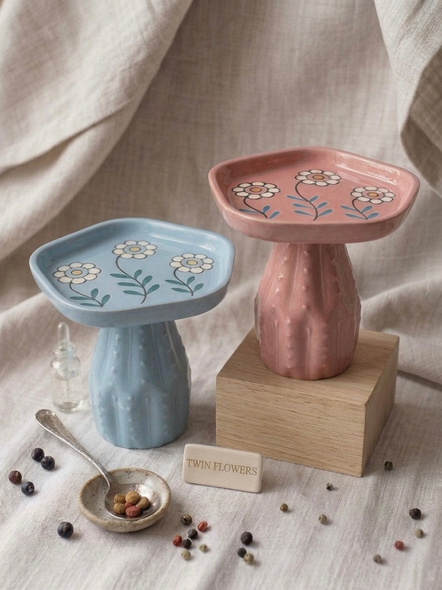 Twin Flowers Combo, matched set of two hand-painted elevated cat bowls in pink and blue